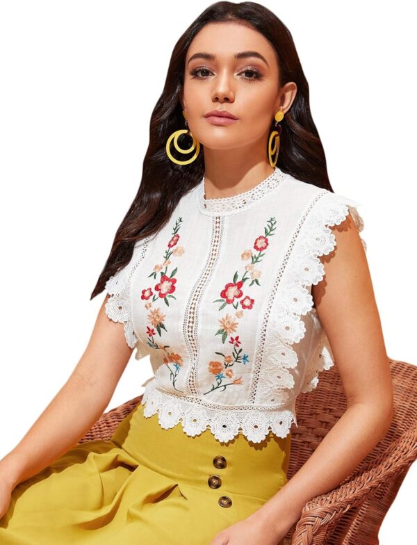 Floerns Women's Mock Neck Guipure Lace Trim Embroidery Blouse Tops - Image 3