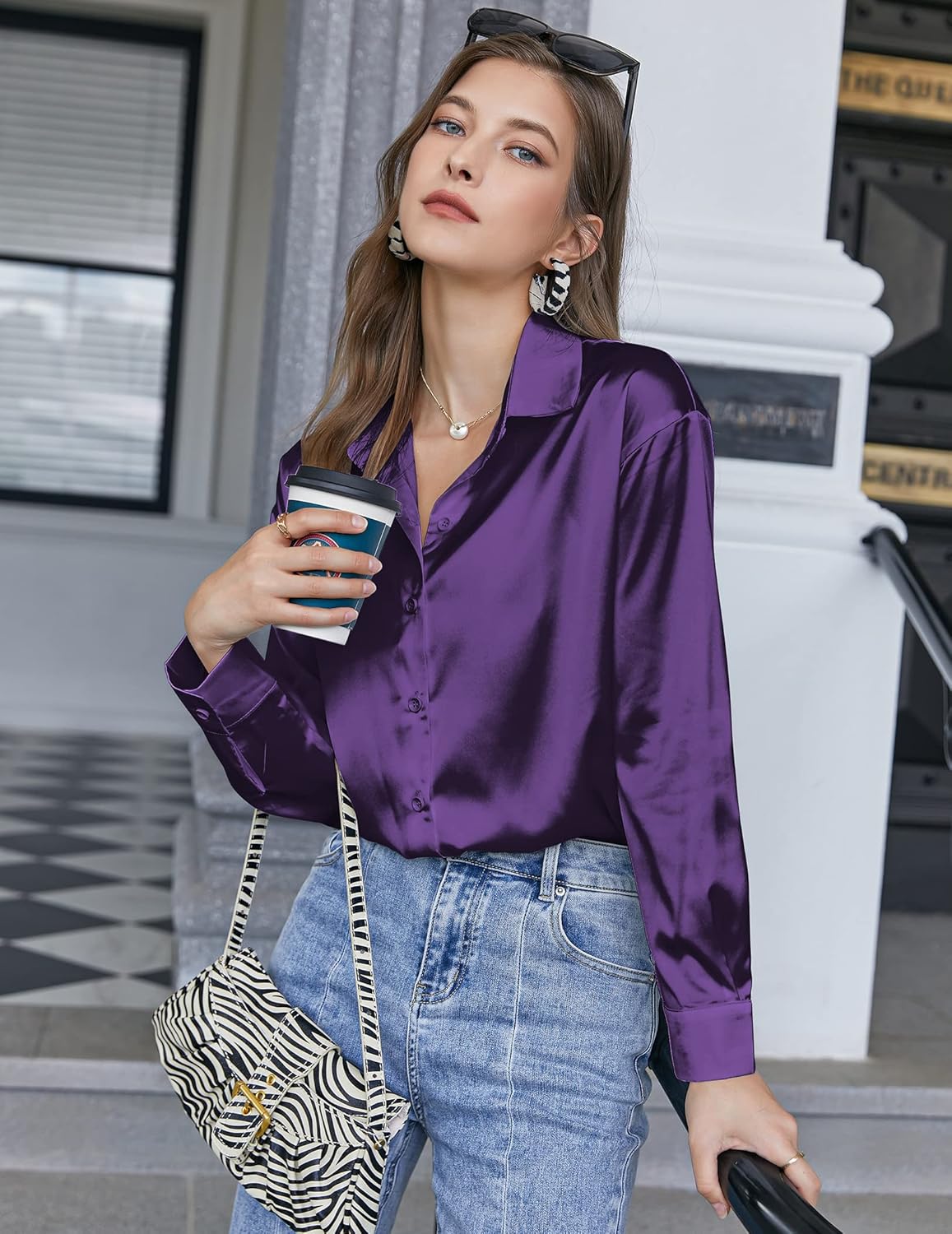 Chigant Women's Blouse Satin Silk Shirts Button Down Shirts Casual Loose Long Sleeve Office Work Tunic Tops - Image 3