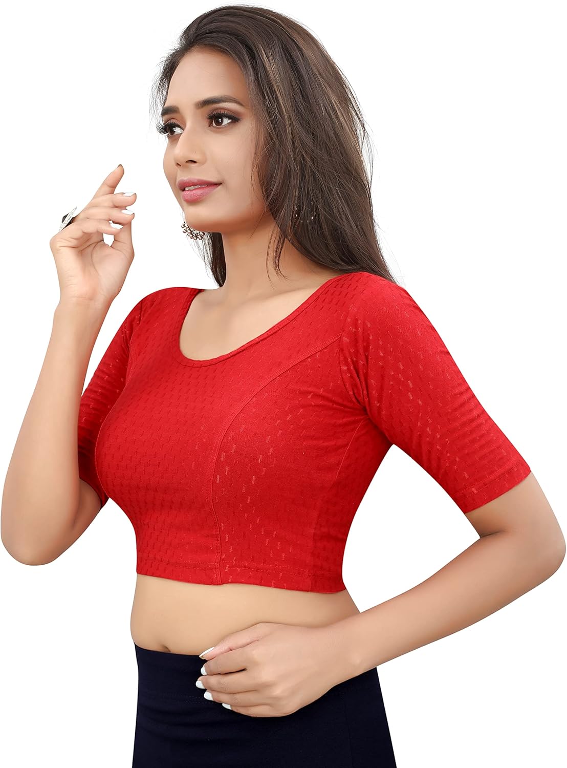 Readymade Stretchable Blouse for Women | Stylish Round neck Dobby Cotton Lycra Elbow Sleeve Party wear choli - Image 5