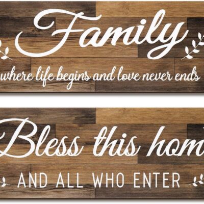 Jetec Wooden Family Signs Rustic Bless This Home Wall Decor Wood Family Decor Wall Art Farmhouse Entryway Sign Home Decoration for Bedroom Living Room Office Home Decor, 13.8 x 4.7 Inch (Brown)
