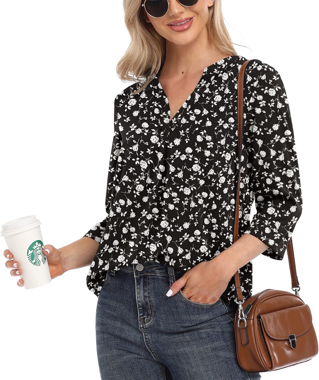 VIISHOW Womens Tops Casual Chiffon Blouses Tops 3/4 Sleeve V Neck Tunic Top Loose Shirt - Image 2