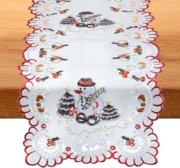 White Snowman Christmas Table Runner – 72 Inches Long Xmas Tablerunner Lace Embroidered, Elegant Winter Scene Theme Runner, Festive Holiday Décor for Dining Table Center,6 Ft