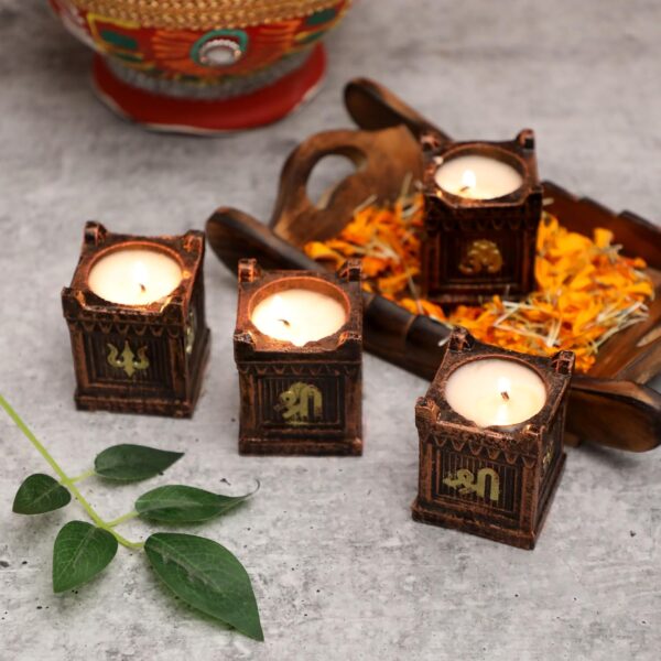4 Pc Set Tulsi Decorated Clay Diya Wax Filled Dia for Diwali Puja Pooja Handmade | Terracotta Earthen Diya Handpainted Antique Colors | Vilakku Oil Lamp | Natural Mitti Diya | Indian Gift
