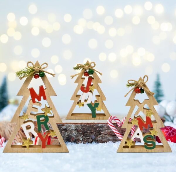 3 Christmas Trees Wooden Table Decorations Centerpiece Block Holiday Cut Out Tree Tiered Tray Wood Tabletop Sign Decor 3 Sizes for Office Dining Room Mantle Home Xmas Wood Party Supplies - Image 7