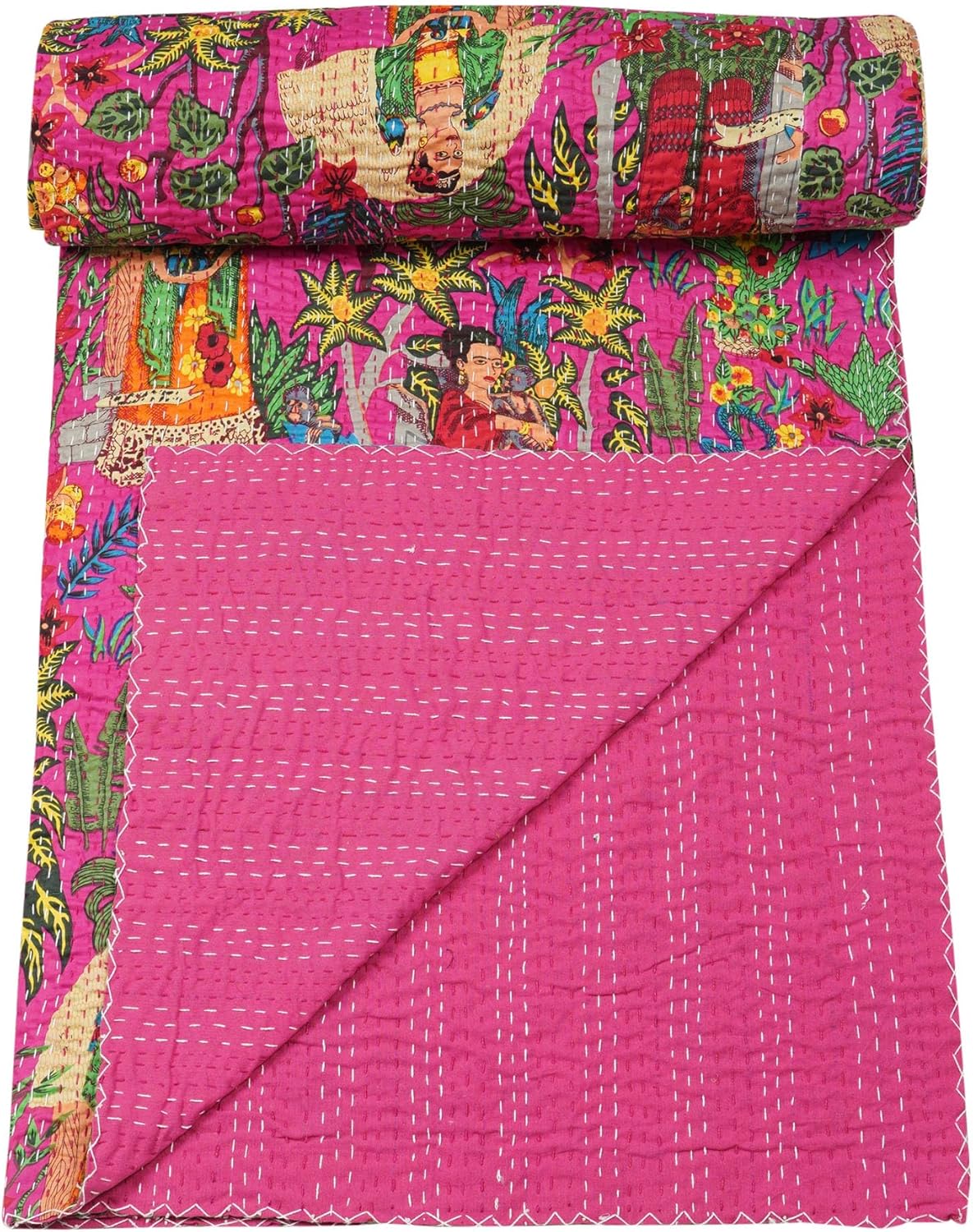 Marubhumi Quilts Indian Handmade, Reversible, Vintage Kantha Quilt, Comforter, Cotton Bedding Bedspread, Dark Pink, Queen - 90 x 108 Inches - Image 2