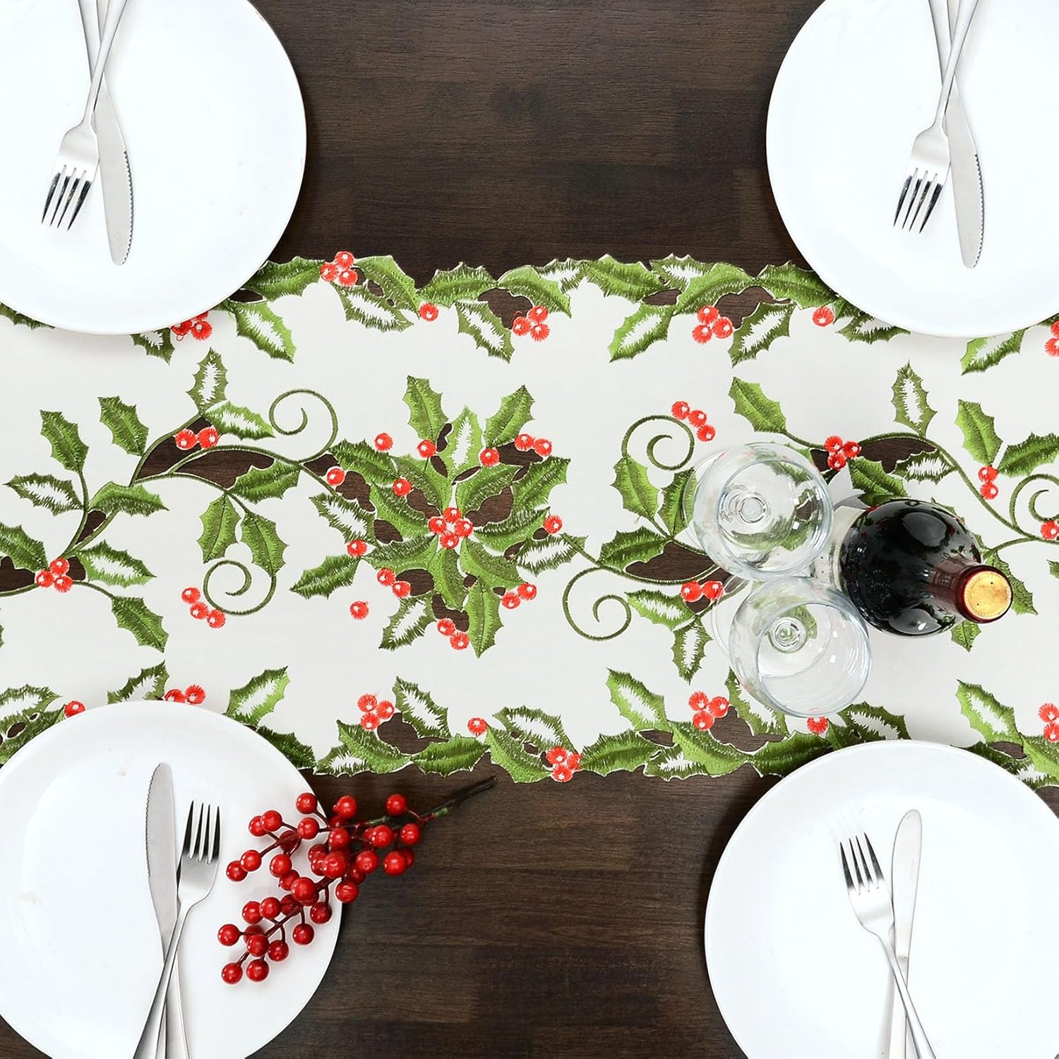 Grelucgo Embroidered Holly Leaves and Berries Table Runner for Christmas Holidays (14x70 Inches) - Image 5