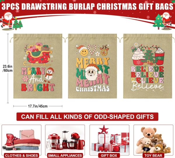 3PCS Large Burlap Christmas Drawstring Gift Bags with Tags, 18x24in Linen Christmas Gift Bags, Big Holiday Gift Bags Reusable Gift Wrapping Bags Jute Santa Sack for Xmas Present Party Favors - Image 2