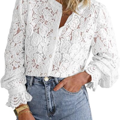PRETTYGARDEN Women's Dressy Casual Lace Blouse Long Sleeve Button Up Shirts Tops Fall Fashion Clothes