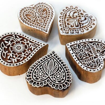 Heart Shape Wooden Stamp Block Printing on Saree Border, Textile, Clay, Pottery, Tattoo - Handcarved Indian Textile Printing Blocks for Crafting on Fabric Hashcart® (Set of 5)
