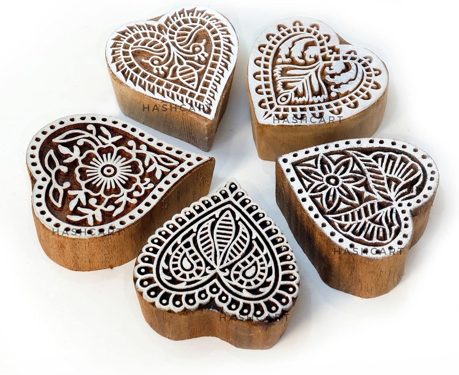 Heart Shape Wooden Stamp Block Printing on Saree Border, Textile, Clay, Pottery, Tattoo - Handcarved Indian Textile Printing Blocks for Crafting on Fabric Hashcart® (Set of 5)
