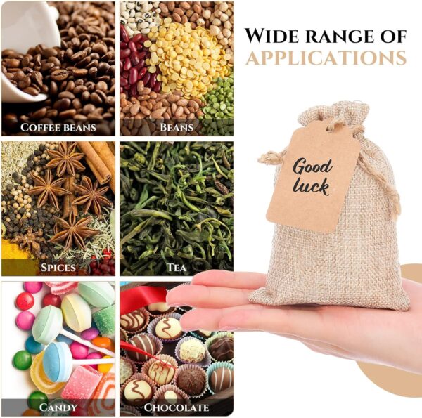Woanger 100 Pcs Burlap Gift Bags with 100 Pcs Kraft Paper Gift Tags with Drawstring Favor Bags Bulk Small Burlap Sack Bags Pouches for DIY Thanksgiving Fall Party Craft(Light Brown,4 x 6 Inch) - Image 4