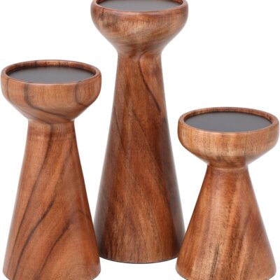 BIRDROCK HOME 3pc Flare Candleholders - Farmhouse Wooden Pillar Stand Set - Large Decorative Wood Candlestick - Table Centerpiece & Mantle Decor - Tall Tiered Candle Holders for Decorations - Natural