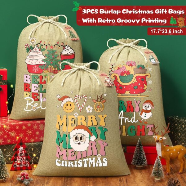 3PCS Large Burlap Christmas Drawstring Gift Bags with Tags, 18x24in Linen Christmas Gift Bags, Big Holiday Gift Bags Reusable Gift Wrapping Bags Jute Santa Sack for Xmas Present Party Favors - Image 7