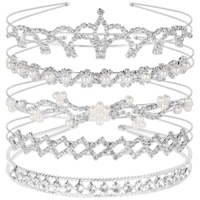 Teenitor 5Pcs Crystal Headband Set, Jewelry Rhinestone Women Girl Hair Style Accessories Wedding Party Tiara Headdress- Silver Tiara for Little Girls