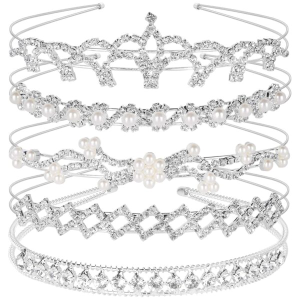 Teenitor 5Pcs Crystal Headband Set, Jewelry Rhinestone Women Girl Hair Style Accessories Wedding Party Tiara Headdress- Silver Tiara for Little Girls