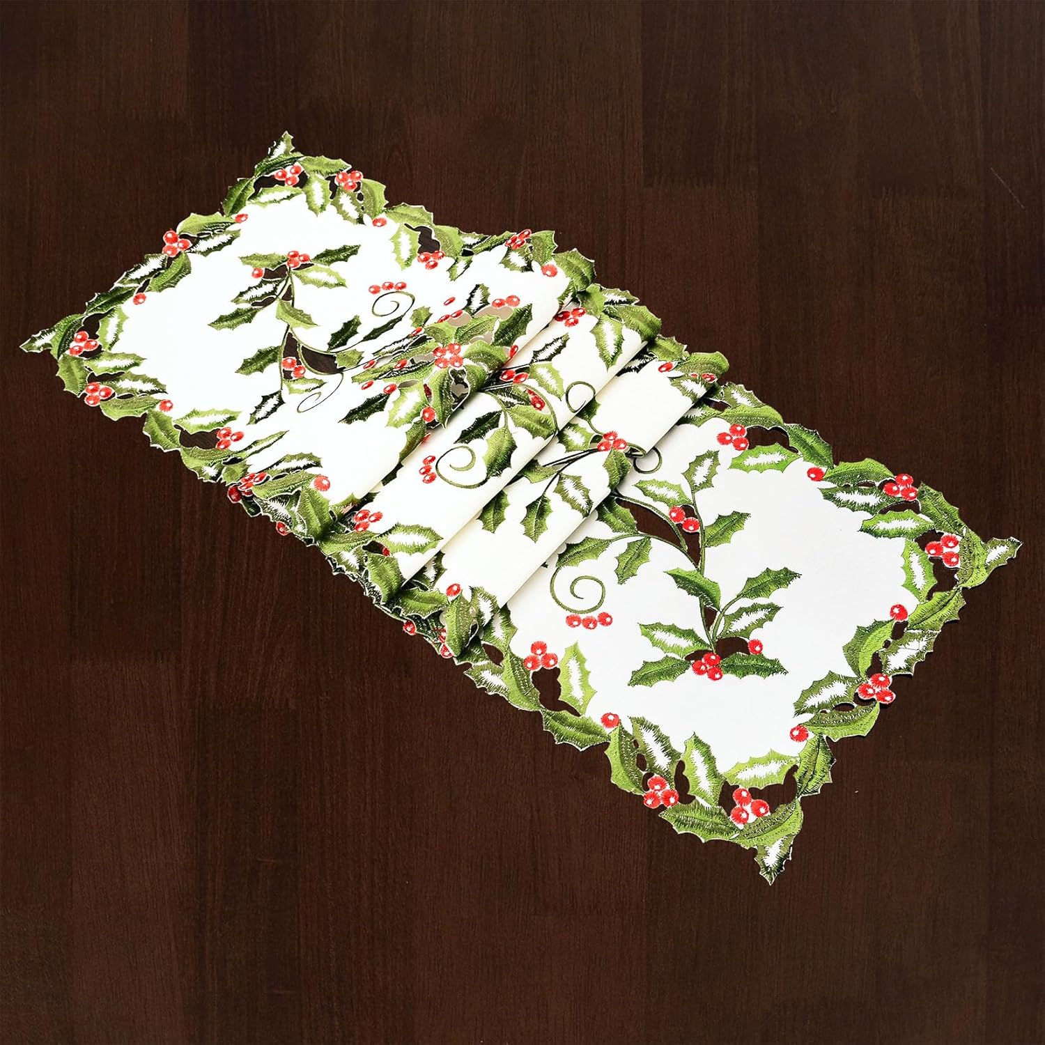 Grelucgo Embroidered Holly Leaves and Berries Table Runner for Christmas Holidays (14x70 Inches) - Image 2