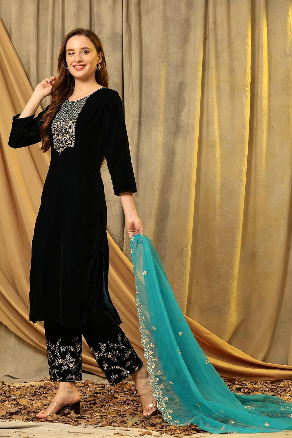 TRENDMALLS Women's Velvet Embroidery Salwar Suit Set Kurta Pant with Dupatta - Image 3