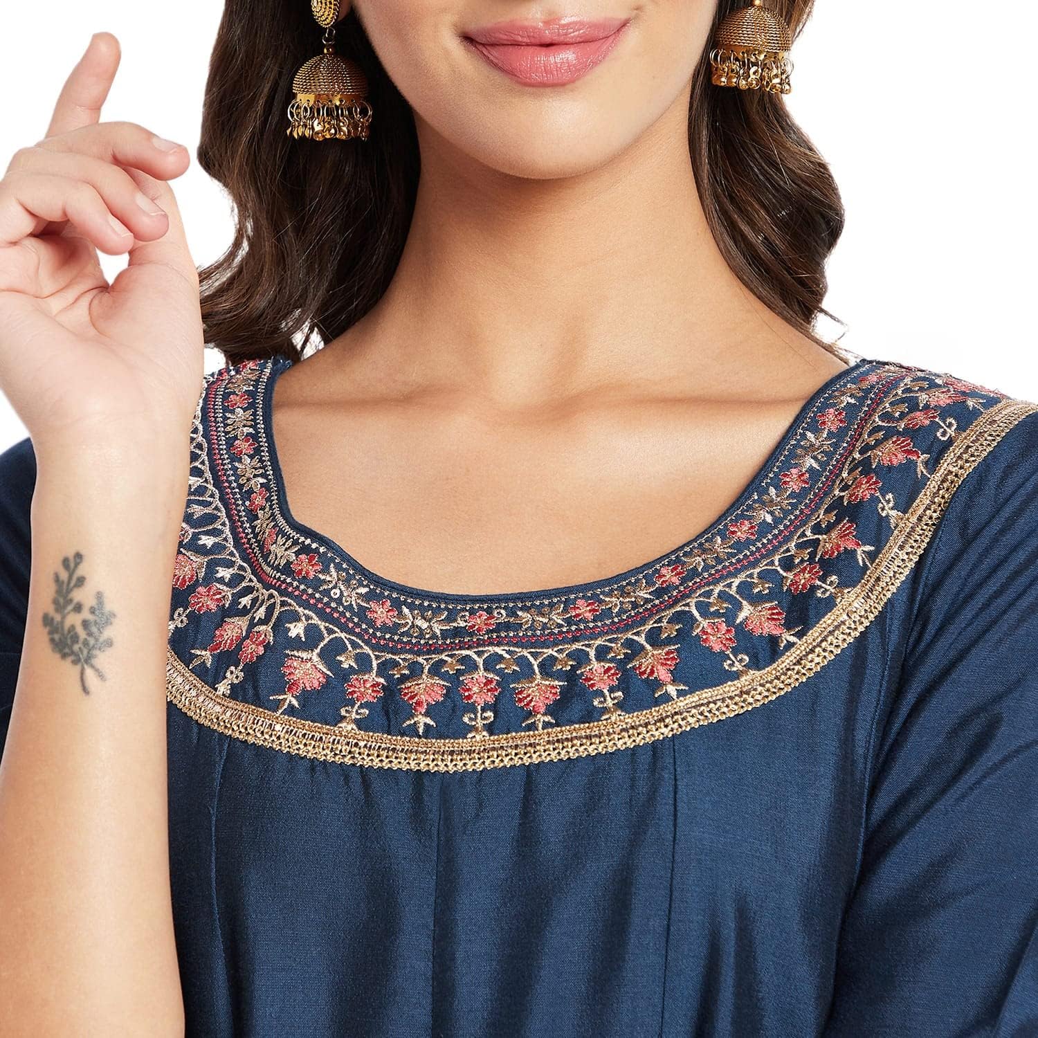 Indian Indigo Cotton Silk Anarkali Kurta, Churidar Pant & Dupatta for Women | 3/4 Sleeves, Round Neck, Ankle Length - Image 4