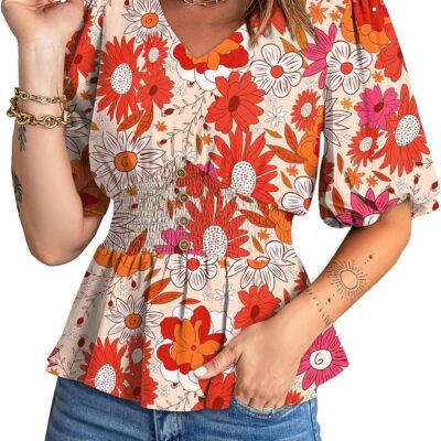 Dokotoo Womens Floral Print Ruffle Half Sleeve Blouses V Neck Decorative Buttons Elastic Waist Casual Summer Tops