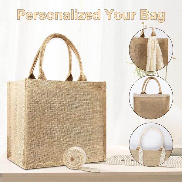 8 Pcs Burlap Tote Bags Bulk, Reusable Jute Tote Bag with 10Yd Ribbon Blank Burlap Gift Bag with Handle Waterproof Beach Tote Bag for Shopping Bridesmaid Gifts Bag 12.2''x10.6''x6.3'' - Image 3