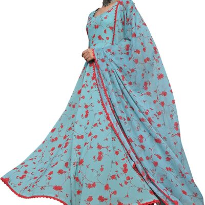 Janasya Indian Women's Sea Green Georgette Floral Print Kurta with Flared Palazzo and Dupatta