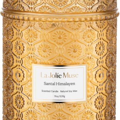 LA JOLIE MUSE Sandalwood Candle, Wood Wicked Large Candle for Home Scented, Scented Candle Gifts for Men&Women, Long Burning Glass Jar Candle, Santal Himalayen, 19oz