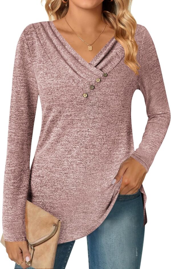 Zeagoo Women's Casual Tunic Tops Long Sleeve Shirts for Leggings V Neck Button Fall Pullover Blouse Loose Sweatshirts - Image 2