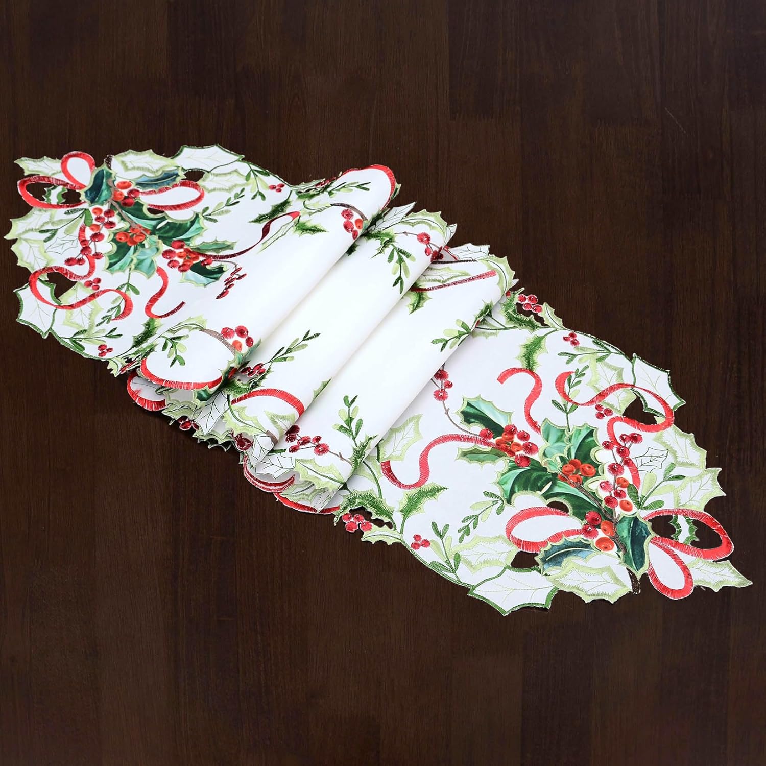 Grelucgo Embroidered Holly Leaves Table Runner for Christmas Holiday (14x70 inches) - Image 2