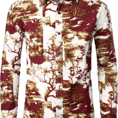 Men's Cotton Linen 70s Disco Retro Traditional Pattern Printed Long Sleeve Button Down Shirt