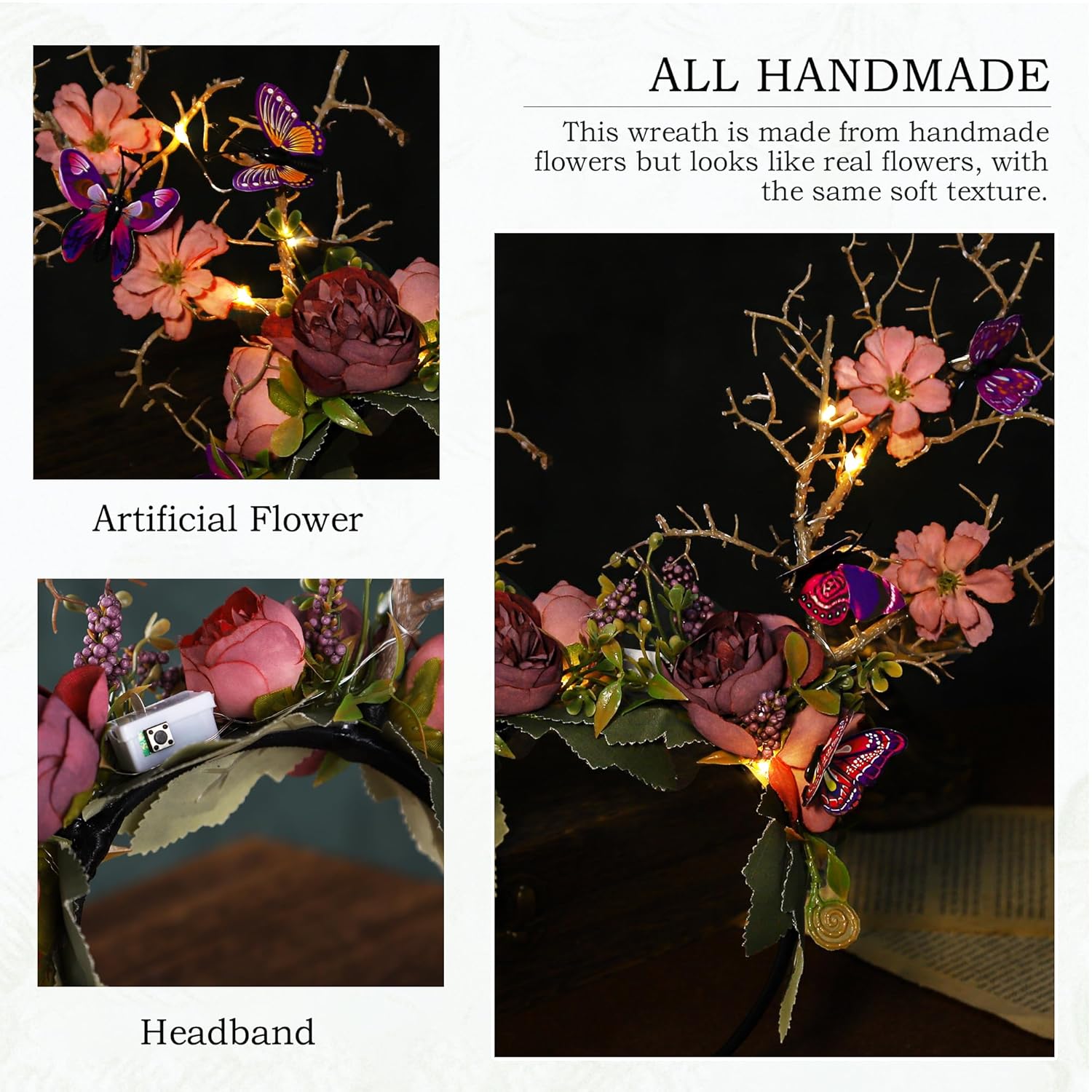 MOSTORY Purple Flower Branch Headband - Light up Woodland Hairband with Butterfly Forest Antler Headpiecde for Women Renaissance Faire Cosplay Halloween Prom - Image 6