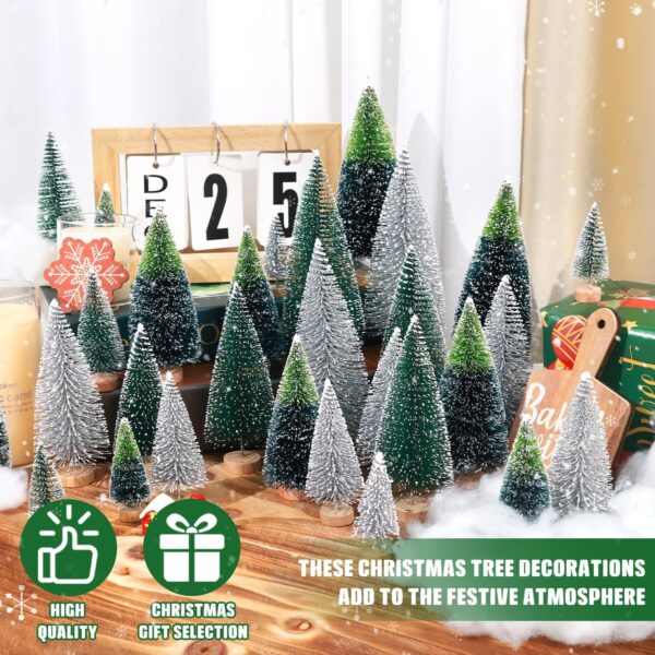 30Pcs Mini Christmas Trees Artificial Christmas Tree Bottle Brush Trees with Wooden Base for Christmas Decor Christmas Party Home Table Craft Decorations(Dark Green+Silver) - Image 3