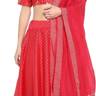Janasya Indian Women's Pink Printed Poly Silk Lehenga Choli with Dupatta