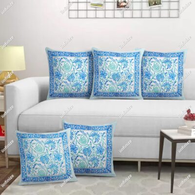 Block Print Pillowcase Set of 5 Authentic Handloom Cushion Case Traditional Cotton Square Throw Pillow Cover Oriential Soft Back Rest Sofa Cushion Cover (Pattern 01)