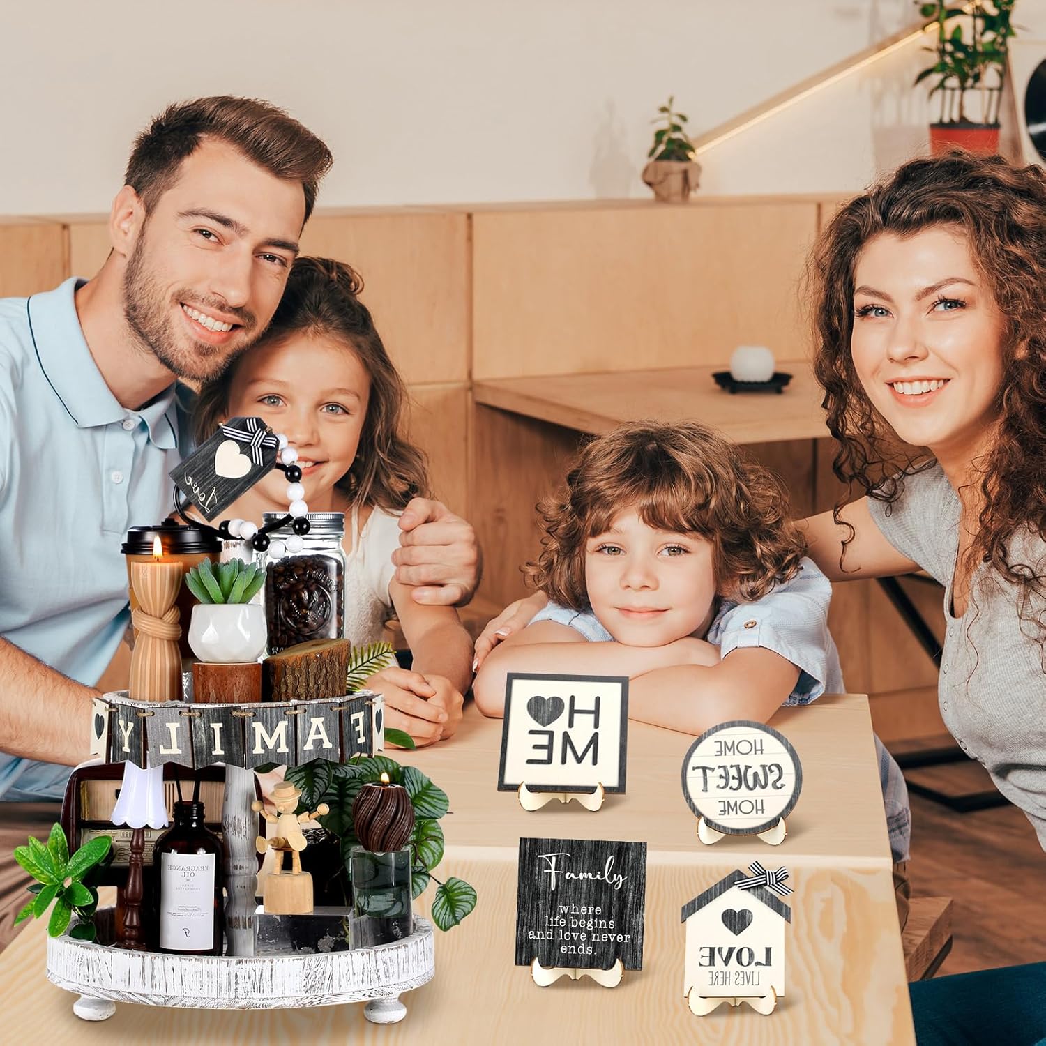 Mifoci 18 Pcs Farmhouse Tiered Tray Decor Home Wooden Signs Rustic Sweet Home Vintage Home Tabletop Spring Summer Table Centerpiece Black White Car Wood Block for Home Kitchen Table Bar Housewarming - Image 6
