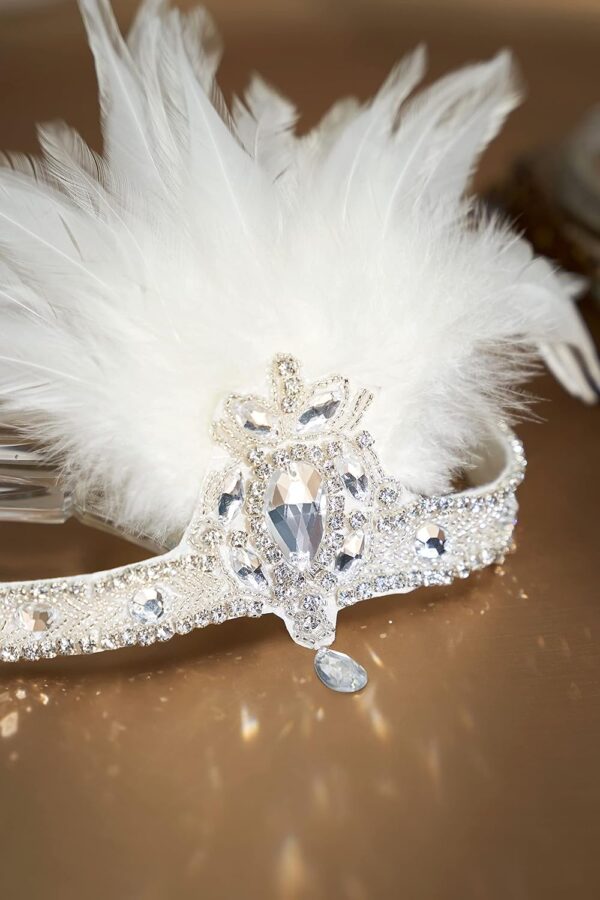 BABEYOND 1920s Flapper Headpiece 20s Carnival Feather Headband Crystal Beaded Great Gatsby Hairband 1920s Flapper Gatsby Hair Accessories (white) - Image 3