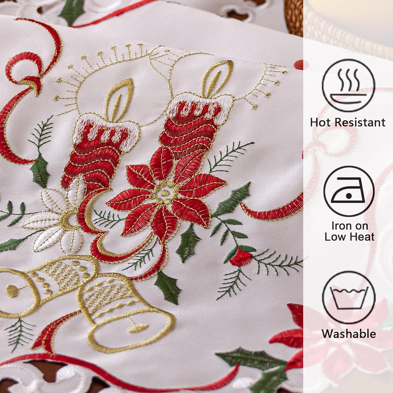Joyfol Day Christmas Embroidered Table Runner 14 x 33 Inch, Cutwork Poinsettia Holly Leaves Candle Bell Table Runners, Tabletop Decoration for Winter Holiday Xmas/Dinner Party - Image 5