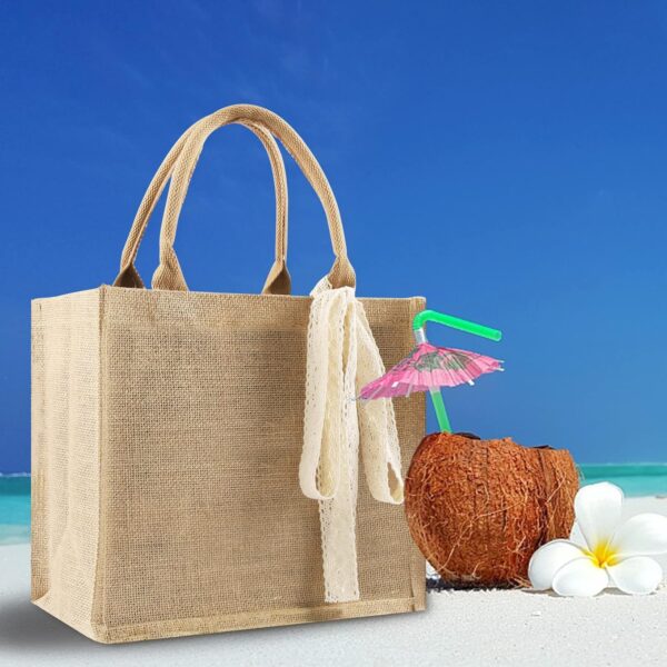 8 Pcs Burlap Tote Bags Bulk, Reusable Jute Tote Bag with 10Yd Ribbon Blank Burlap Gift Bag with Handle Waterproof Beach Tote Bag for Shopping Bridesmaid Gifts Bag 12.2''x10.6''x6.3'' - Image 7