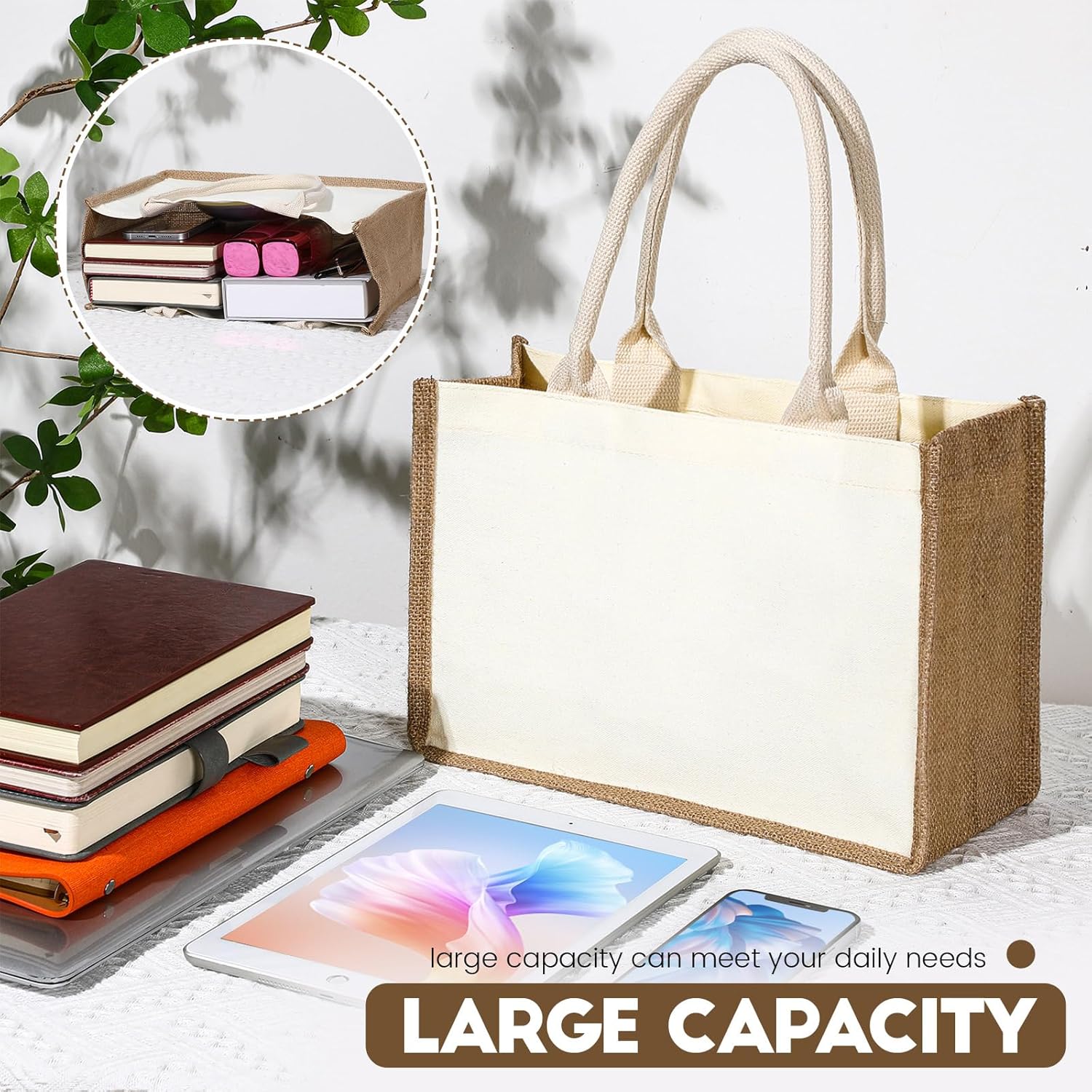 Sweetude 4 Set Jute Burlap Tote Bag with Makeup Bags Include 4 Pcs 12.6 x 8.5 Inch Jute Tote Gift Bags with Handles 4 Pcs Canvas Zipper Pouch Reusable DIY Craft Blank Bags for Wedding Bridesmaid - Image 3