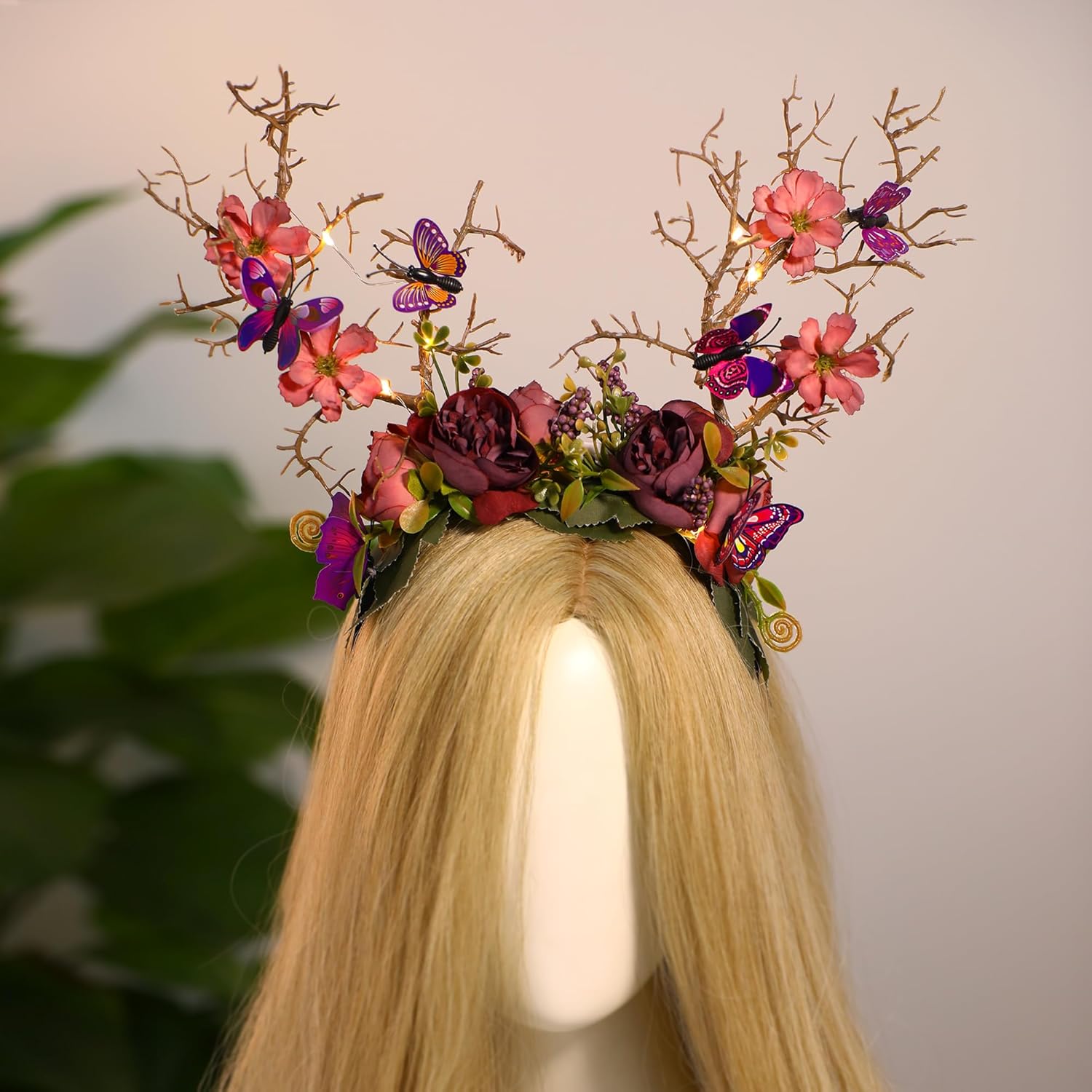 MOSTORY Purple Flower Branch Headband - Light up Woodland Hairband with Butterfly Forest Antler Headpiecde for Women Renaissance Faire Cosplay Halloween Prom - Image 3