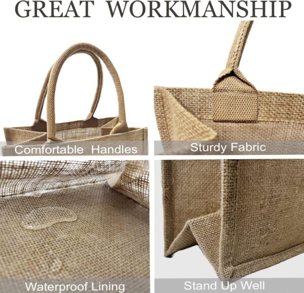 6 Pack Burlap Tote Bags with Handles Reusable Small Jute Gift Bags with Pink Silk Ribbons Waterproof Lining for Wedding Bridesmaid Mother's Day Bachelorette Beach Party - Image 5