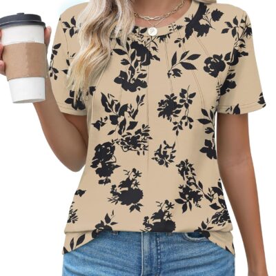 Kistore Womens Casual Crew Neck Short Sleeve Pleated Tops Blouses Fashion Clothes 2024