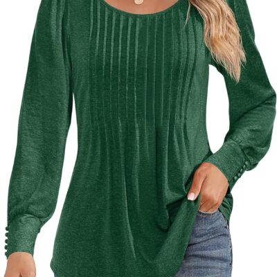 Ficerd Women's Puff Long Sleeve Tunic Tops Pleated Crew Neck Blouses Dressy Casual Loose Fit Winter and Spring Shirts