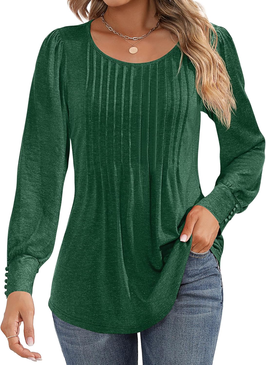 Ficerd Women's Puff Long Sleeve Tunic Tops Pleated Crew Neck Blouses Dressy Casual Loose Fit Winter and Spring Shirts