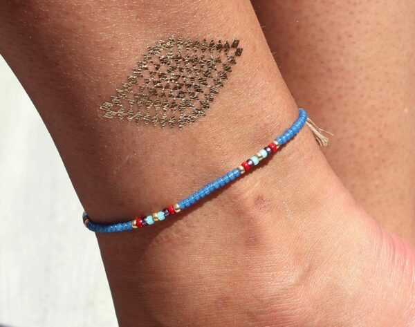 Beaded Anklet for Women, Unique Boho Bohemian Hippie Native American Beach Waterproof Anklet, Blue Gold Colorful, Handmade by Tribes - Image 6