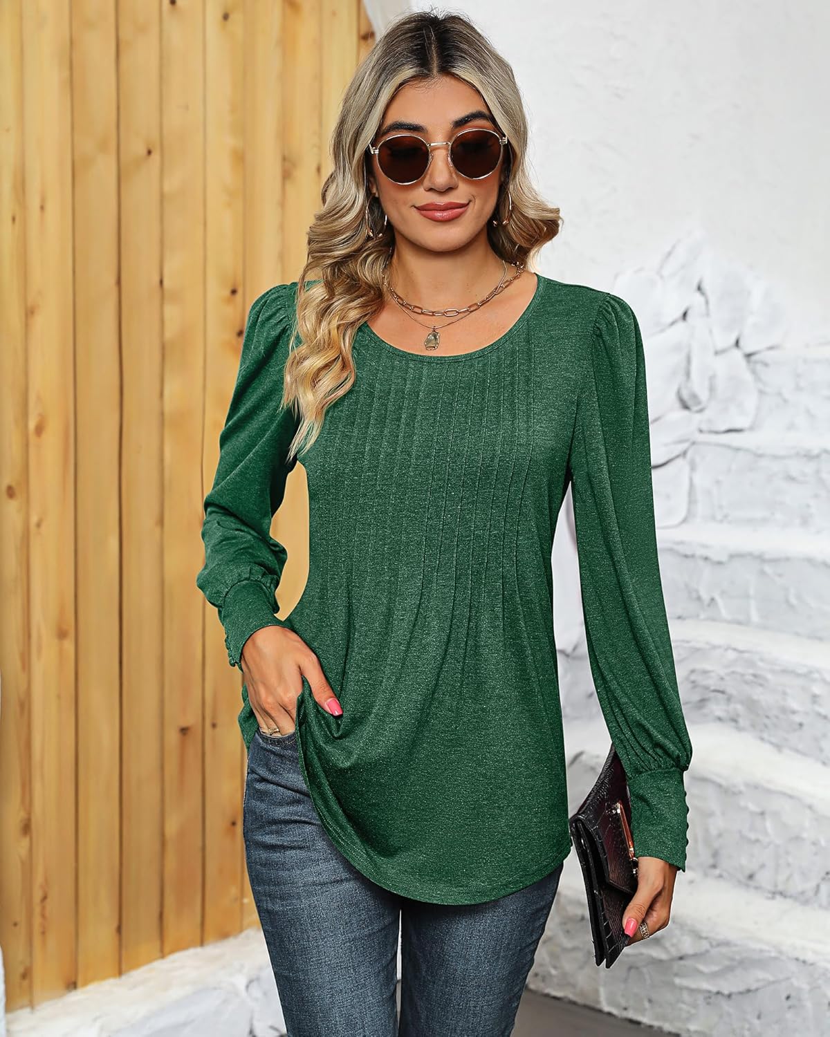 Ficerd Women's Puff Long Sleeve Tunic Tops Pleated Crew Neck Blouses Dressy Casual Loose Fit Winter and Spring Shirts - Image 5