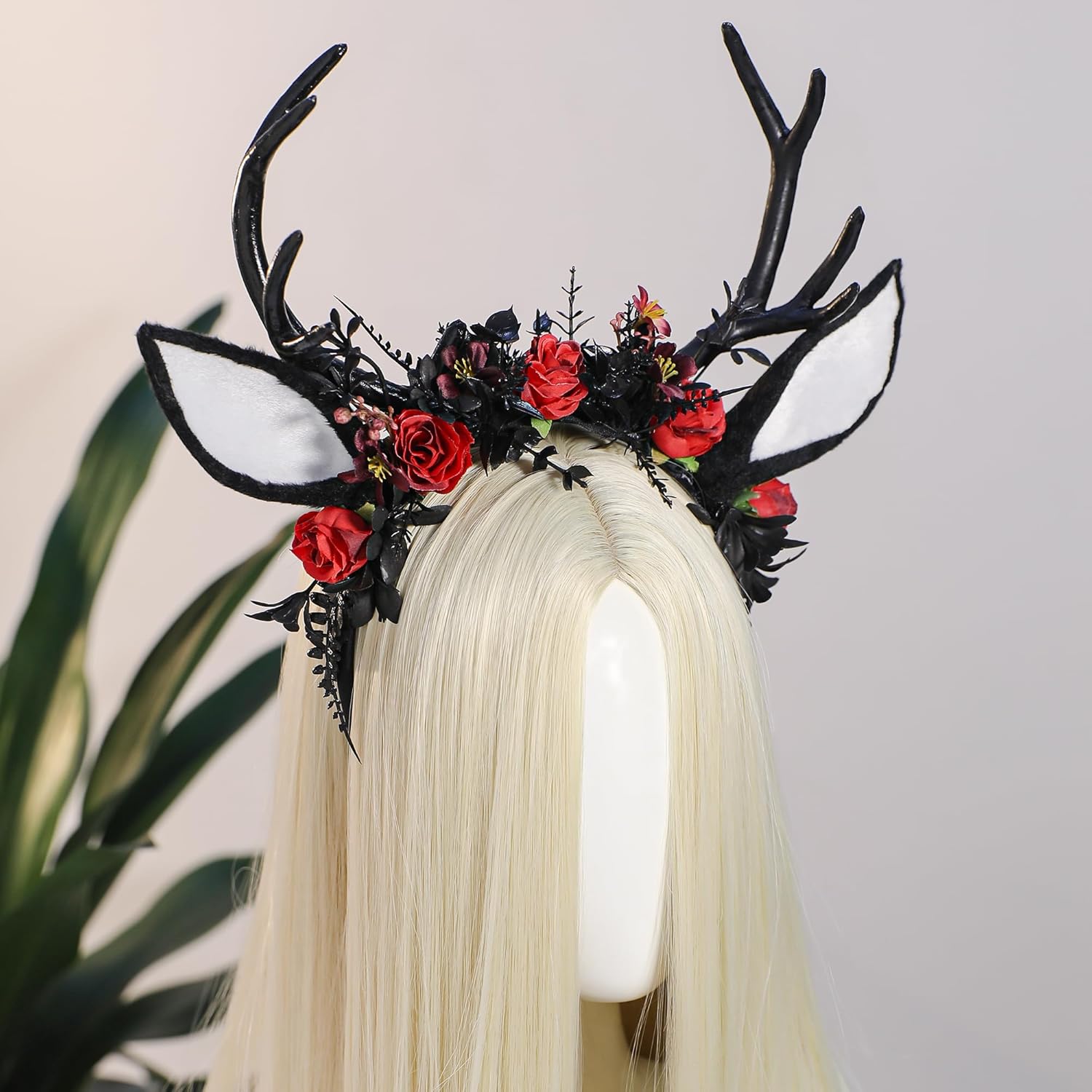 MOSTORY Black Flower Antlers Headband - Dark Floral Deer Horns Headband with Deer Ears Gothic Reindeer Headpiece for Renaissance Renfaire Outfit Halloween Deer Coslpay - Image 3