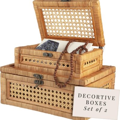 Handcrafted Rattan and Cane Rectangular Display Boxes - Stackable Set of 2 with Woven Lids and Metal Clasps - Creative Home Storage and Decor for Shelves