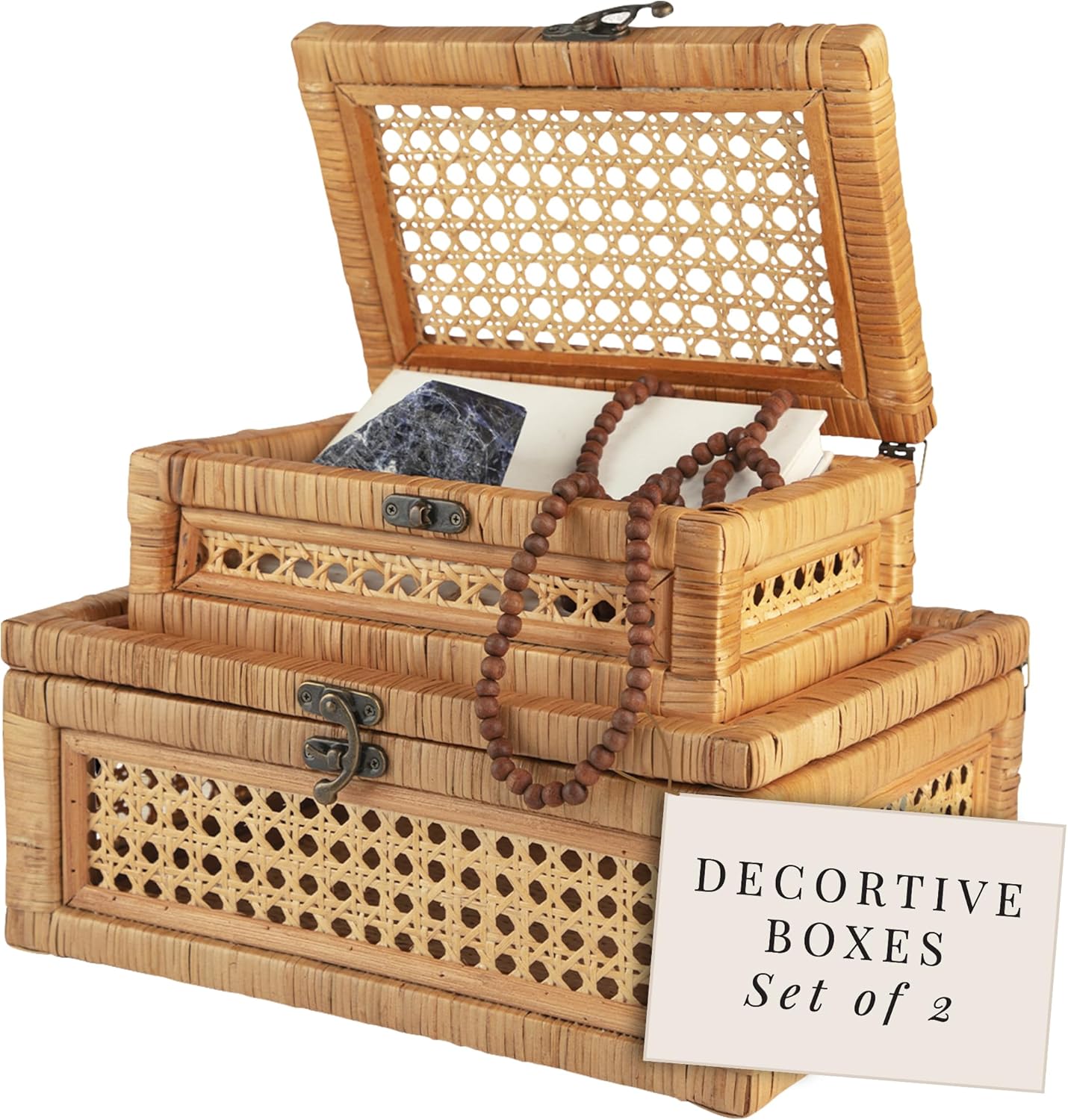 Handcrafted Rattan and Cane Rectangular Display Boxes - Stackable Set of 2 with Woven Lids and Metal Clasps - Creative Home Storage and Decor for Shelves