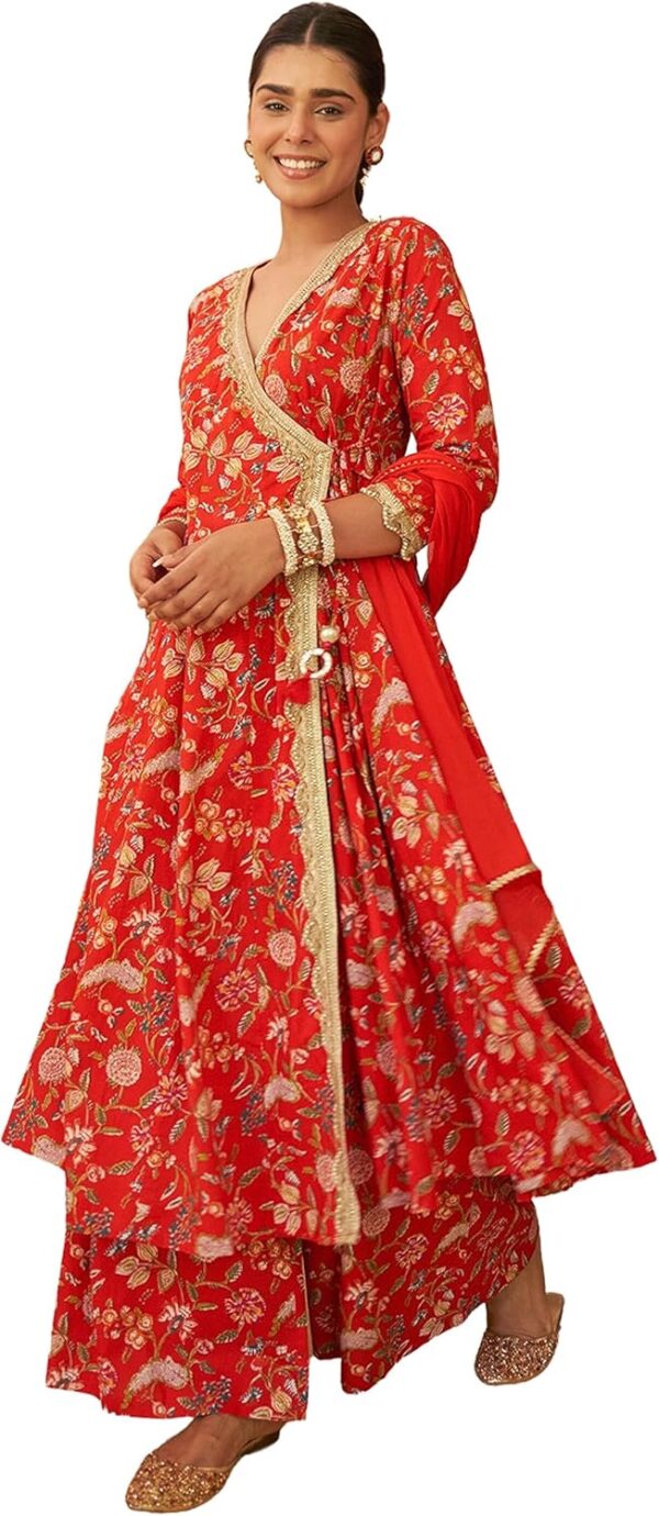 Janasya Indian Women's Violet Cotton Floral Printed Kurta with Palazzo and Dupatta