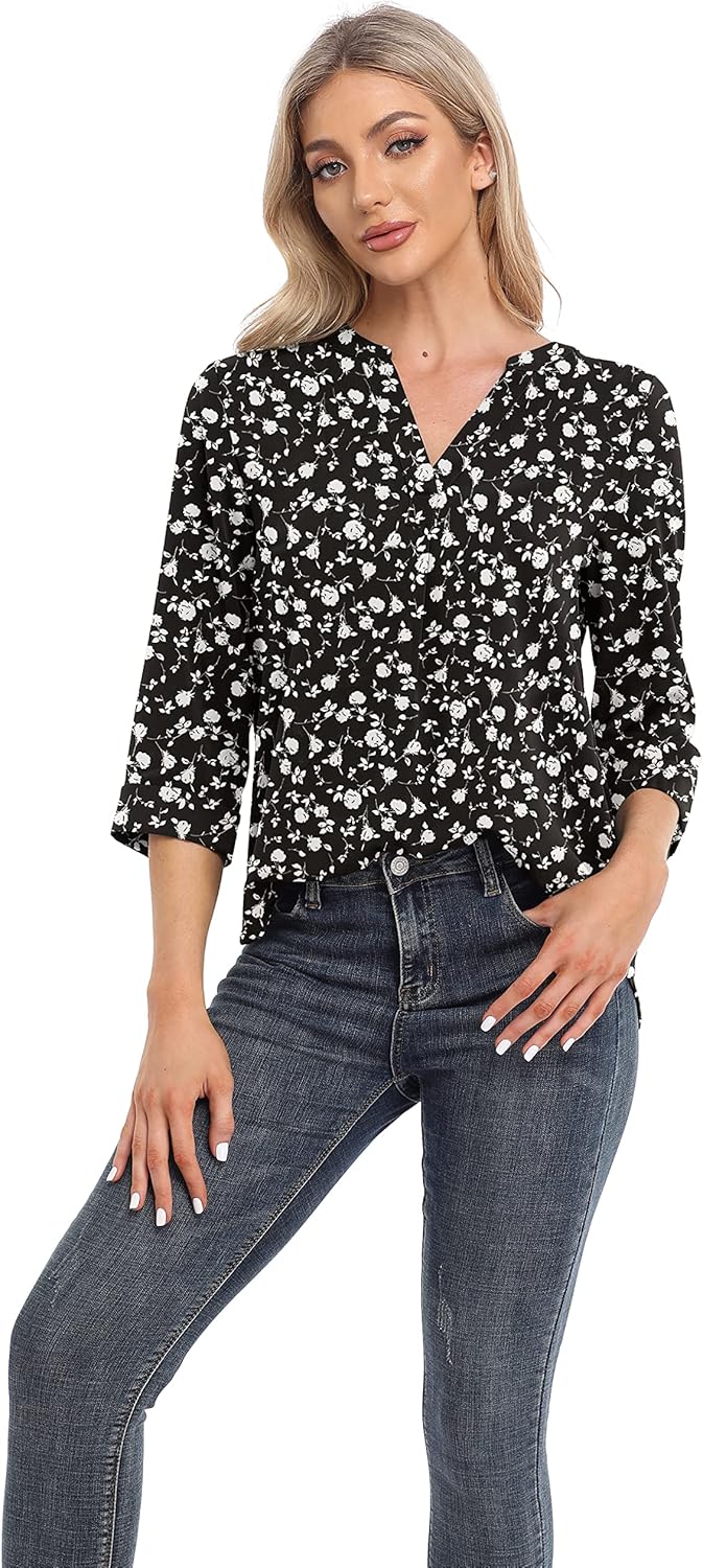 VIISHOW Womens Tops Casual Chiffon Blouses Tops 3/4 Sleeve V Neck Tunic Top Loose Shirt - Image 3